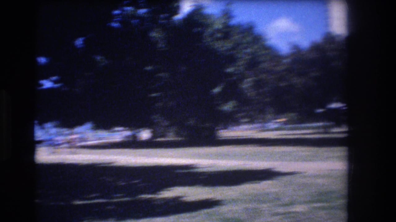 1977 Honolulu home-movie frame showing bright grass, shaded trees, blue sky, and distant park-edge structures in soft 8mm focus.