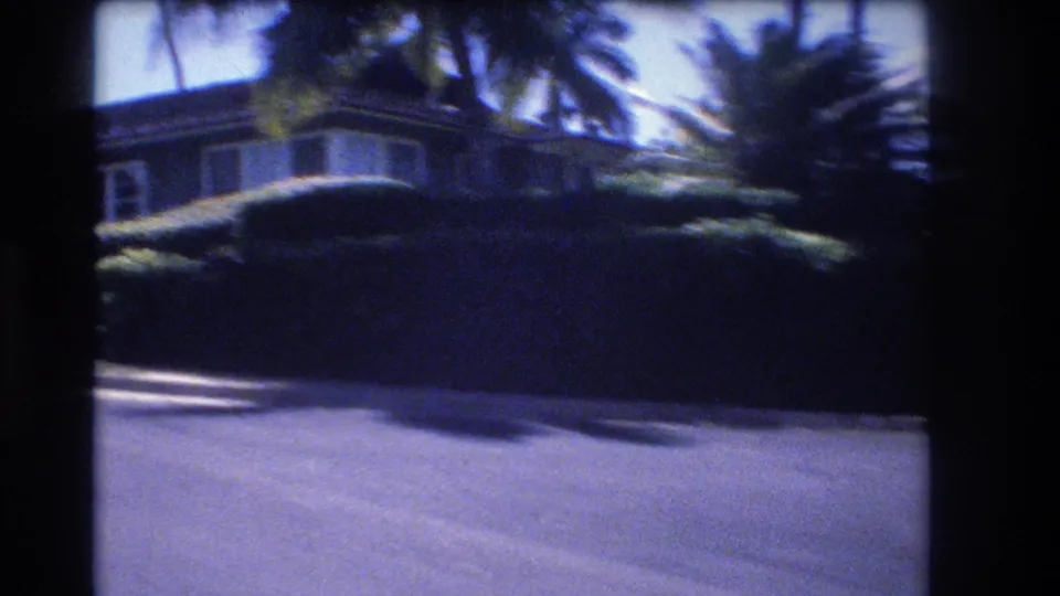 1977 Honolulu suburban street view from a moving car, showing palms, a low house, trimmed hedges, and bright pavement with motion blur.