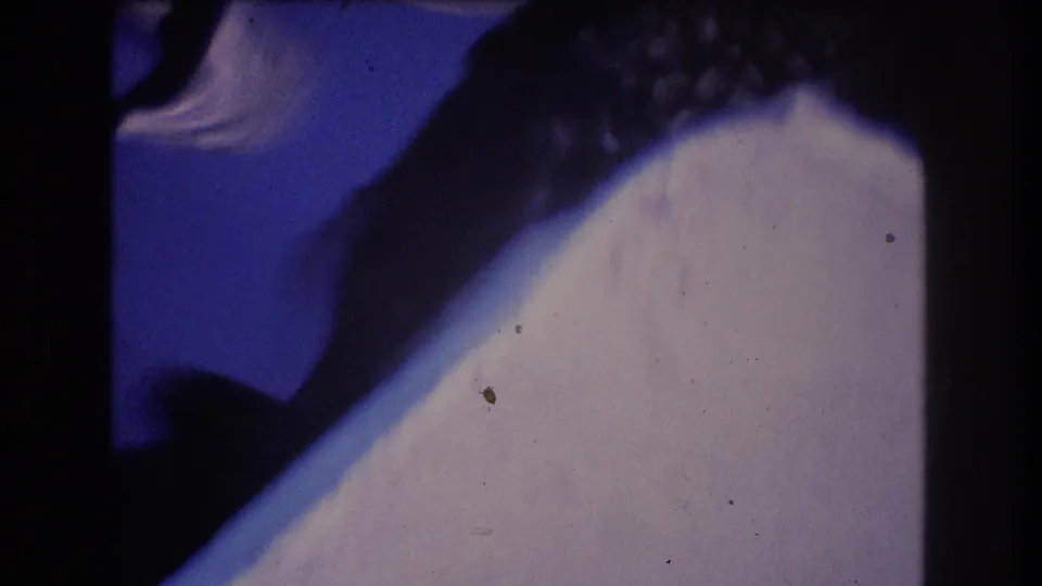 1977 Oahu home-movie frame with a partial hand or arm shape near blue water and a pale boat or dock surface, filmed very close to the subject.
