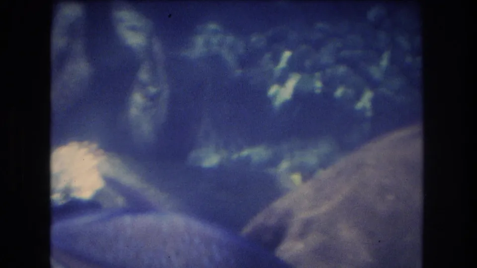 1977 Honolulu, Oahu underwater frame with a larger fish shape near the lower right, smaller reef details, and strong blue 8mm film cast.