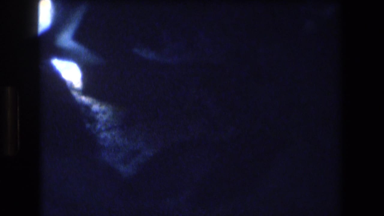 Dim blue 8mm frame from the Honolulu aquarium scene with a dark foreground obstruction, bright reflected highlights, and faint fish forms.