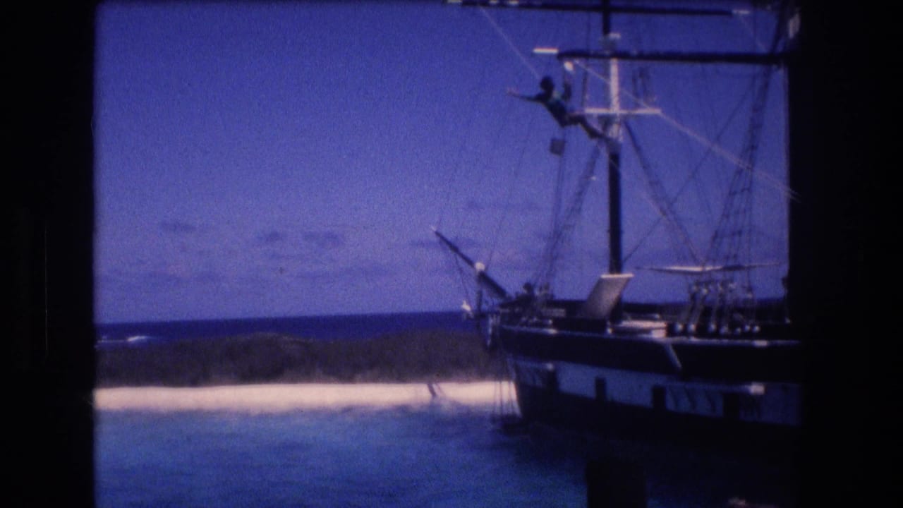 Large sailing vessel near a tropical shoreline with a crew member high on the mast.