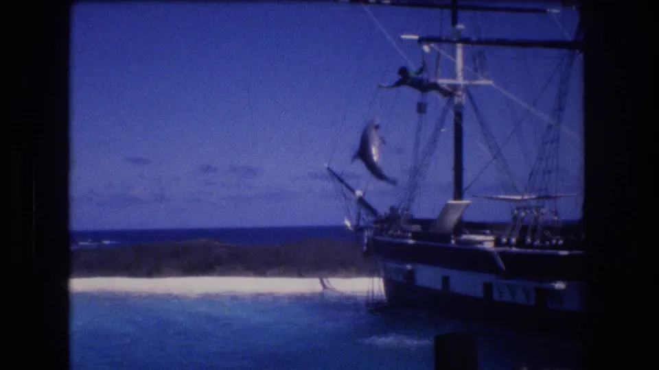 1977 8mm home-movie frame from Honolulu Oahu showing a dolphin arcing above the water beside a rigged sailing ship, with beach, coastline, and blue sky in the background.