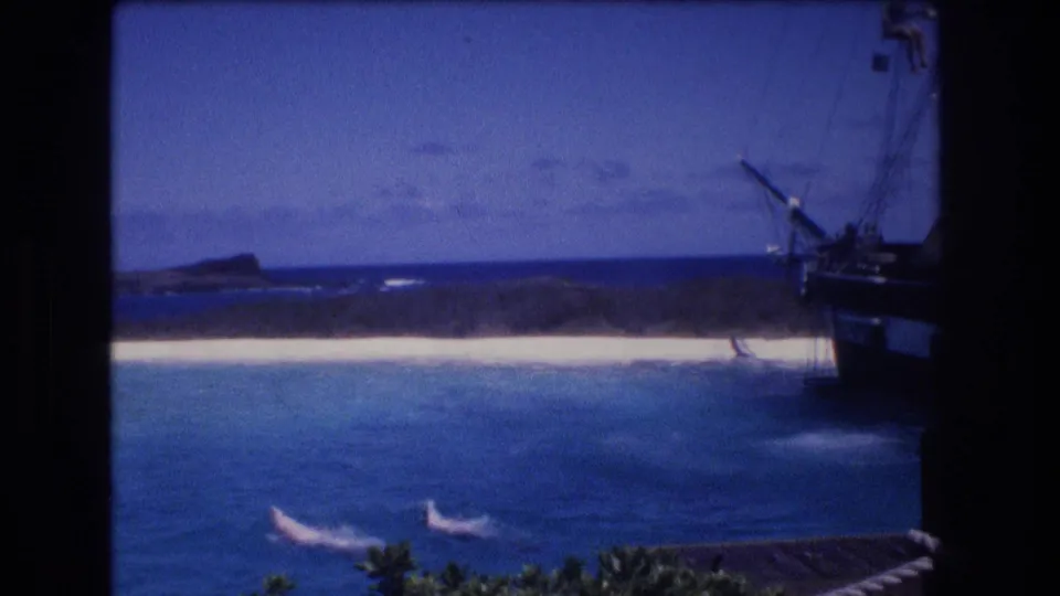 1977 Honolulu, Oahu frame with two dolphins surfacing in blue water near a white beach, low shoreline, and part of a moored sailing ship.