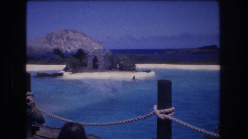 1977 Honolulu Oahu home-movie frame showing a dolphin splash in a marine park lagoon, framed by a rope barrier, dark post, sandy beach, and distant ocean horizon.