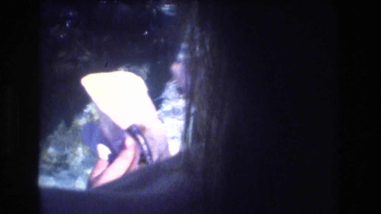 Close view of a hand holding a bright pale object beside dark shoreline and water.