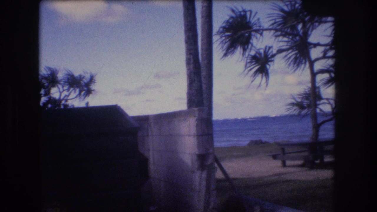 Concrete wall and pole beside a beach view with picnic table, trees, and ocean in the background.