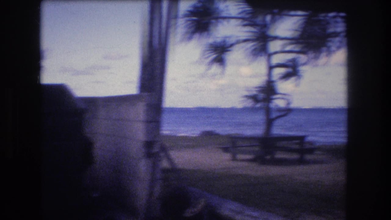 Shaded coastal view with picnic table, trees, ocean horizon, and a light structure at left.