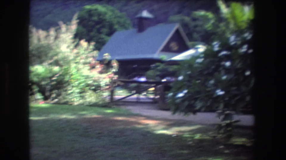 1977 Honolulu Oahu home-movie frame showing a green garden lawn, dense shrubs, and a dark-roofed cabin or hut partly obscured by foliage.