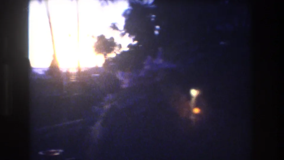 Home-movie frame from Honolulu showing a bright sunset or dusk sky through trees, with dark foreground foliage and small lights near the lower right.