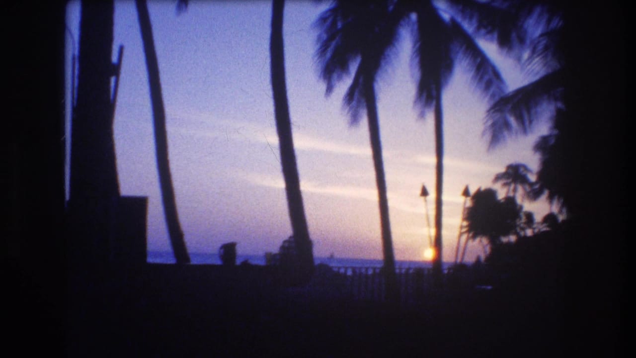 Palm trees stand in silhouette against a low sunset over the ocean in 1977 Honolulu, seen from a handheld 8mm travel-film viewpoint.