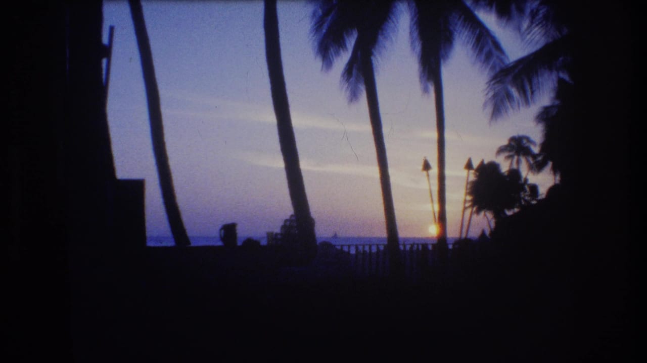 The final frame shows a Honolulu ocean sunset with palm trees, railings, and dark foreground silhouettes captured on 8mm film.