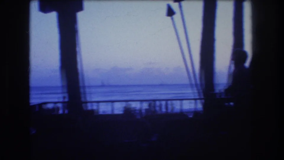 1977 Honolulu or Oahu home-movie frame looking past dark palm trunks and foreground silhouettes toward a calm blue ocean horizon.