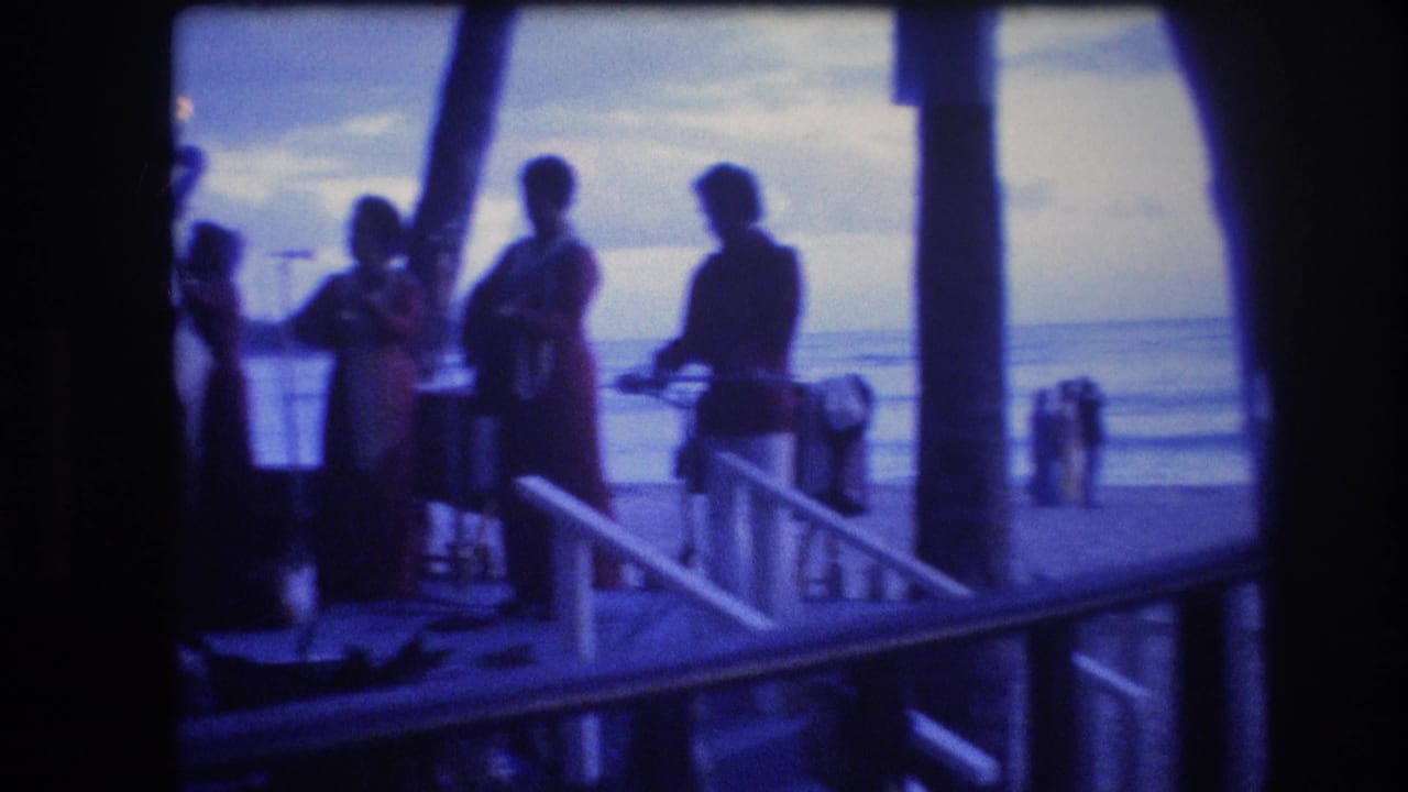 A small group of silhouetted performers stands near the ocean under a twilight sky.