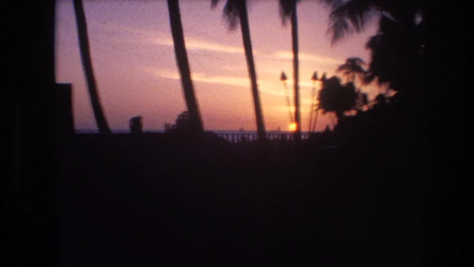 The scene shifts to a Honolulu sunset view, with palm trunks, a low railing, and shoreline structures silhouetted against orange and purple sky.