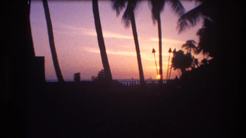 A warm sunset settles behind palm trees and a waterfront railing in Honolulu, with the foreground falling into deep silhouette on 8mm film.