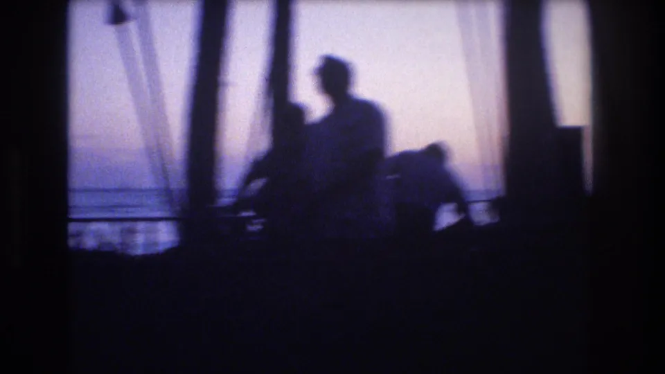 An indistinct human silhouette stands near dark palm trunks with the ocean horizon and pale evening sky behind in the supplied 1977 Honolulu, Oahu footage.