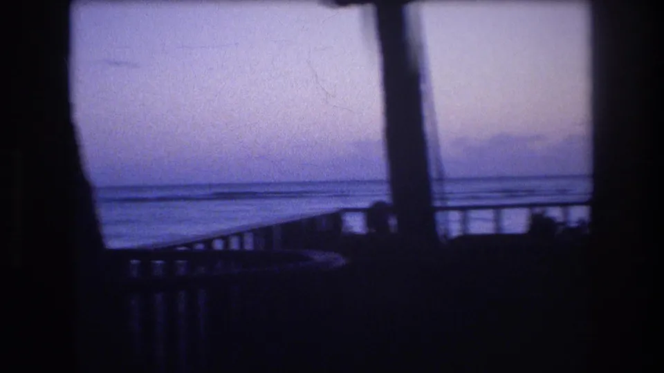 Dark palm trunks and foreground railings frame a quiet ocean horizon under a fading purple-blue sky in the supplied 1977 Honolulu, Oahu home-movie clip.