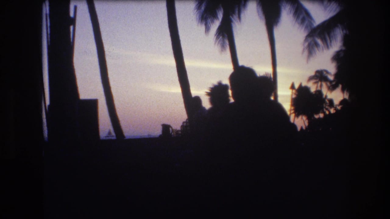 Silhouetted people and palm trees face a twilight ocean horizon.
