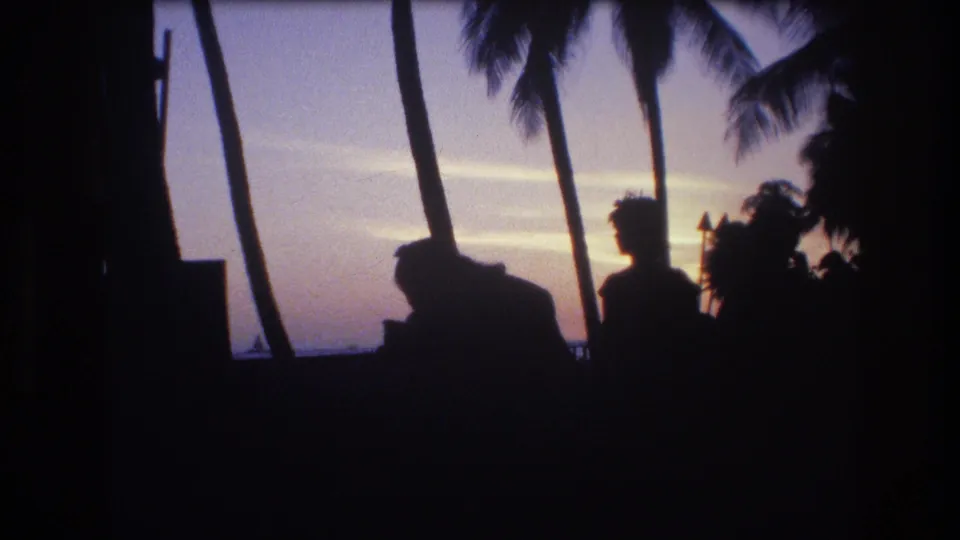 Silhouetted beachgoers appear near tall palm trunks in Honolulu, Oahu, with the ocean and pastel evening sky visible beyond them.