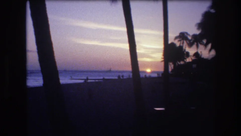 The setting sun sits low over the ocean in this Honolulu, Oahu 8mm frame, framed by palm trunks with small beach silhouettes in the distance.