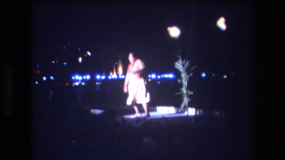 The dancer appears in profile or partial side view as he moves across the small stage near a plant-like decoration and bright low stage lights.