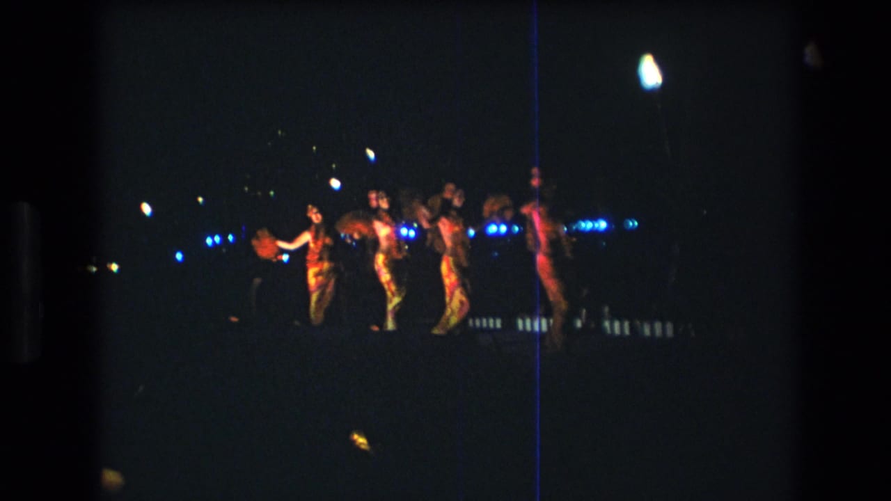 A line of dancers moves across the lit stage at night.