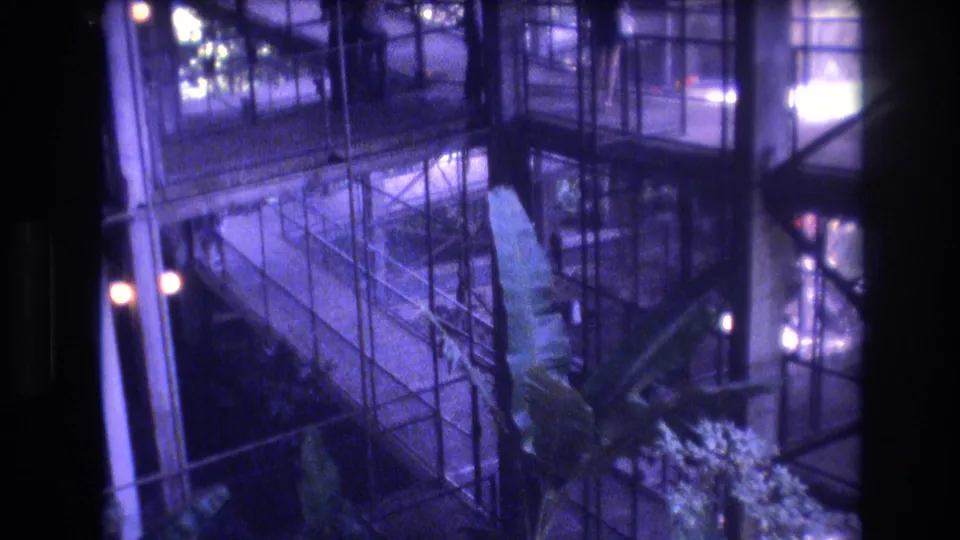 1977 Honolulu home-movie frame of a multi-level glass atrium with metal railings, vertical supports, and broad tropical leaves near the lower level.