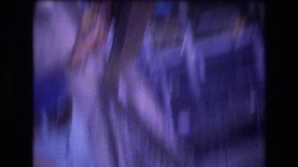 The clip ends on a dark, motion-blurred home-movie frame that appears to show indistinct people or foliage in a dim leafy environment, with no clear subject identifiable.