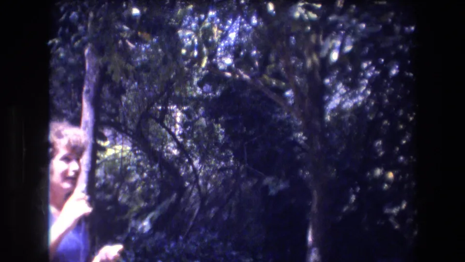 The man with a microphone is partly obscured by a tree trunk, with dark leafy branches filling the frame in this 1977 Honolulu home-movie shot.