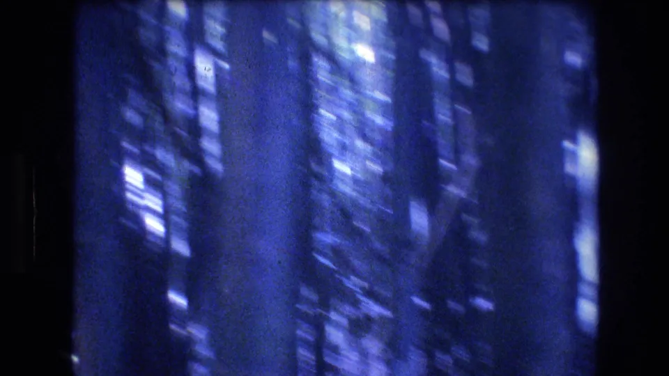 1977 Honolulu, Oahu 8mm frame with blurred bamboo-like verticals, shadowed foliage, and strong blue color cast from handheld movement.