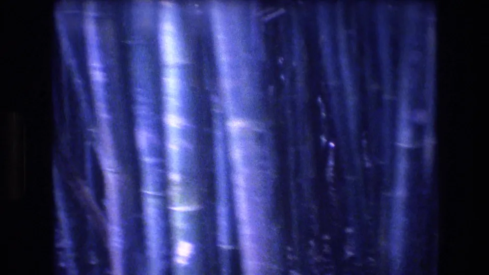 1977 Honolulu, Oahu 8mm frame of dense bamboo trunks with strong blue-purple color, bright reflected highlights, and soft home-movie texture.