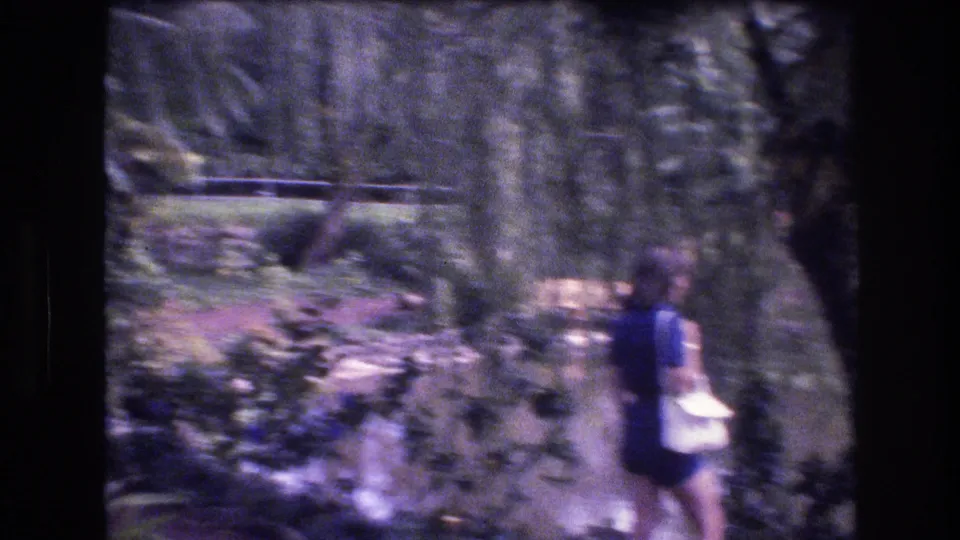 A person in dark clothing appears near rocks, plants, and a garden walkway during the 1977 Honolulu home-movie pan.