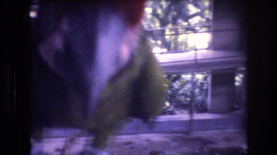 1977 Honolulu 8mm frame showing the green parrot in motion blur as it turns within the enclosure, with a window-like structure and bright foliage behind it.