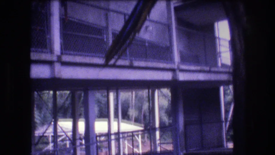 Metal railings, mesh or glass panels, vertical posts, and shaded structural elements fill the aviary view in this 1977 Honolulu home-movie frame.