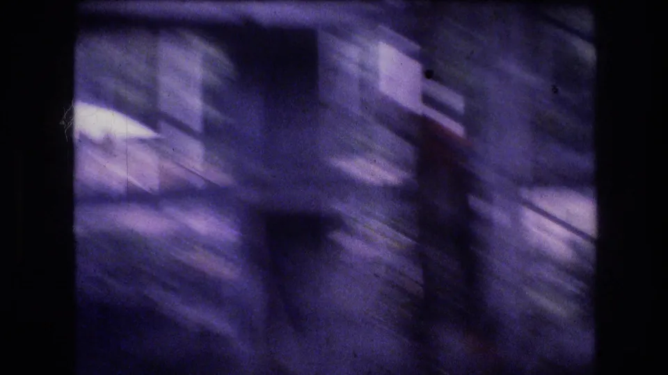 A blurred handheld frame shows a red parrot near fencing, posts, and shaded enclosure surfaces in the 1977 Honolulu aviary footage.