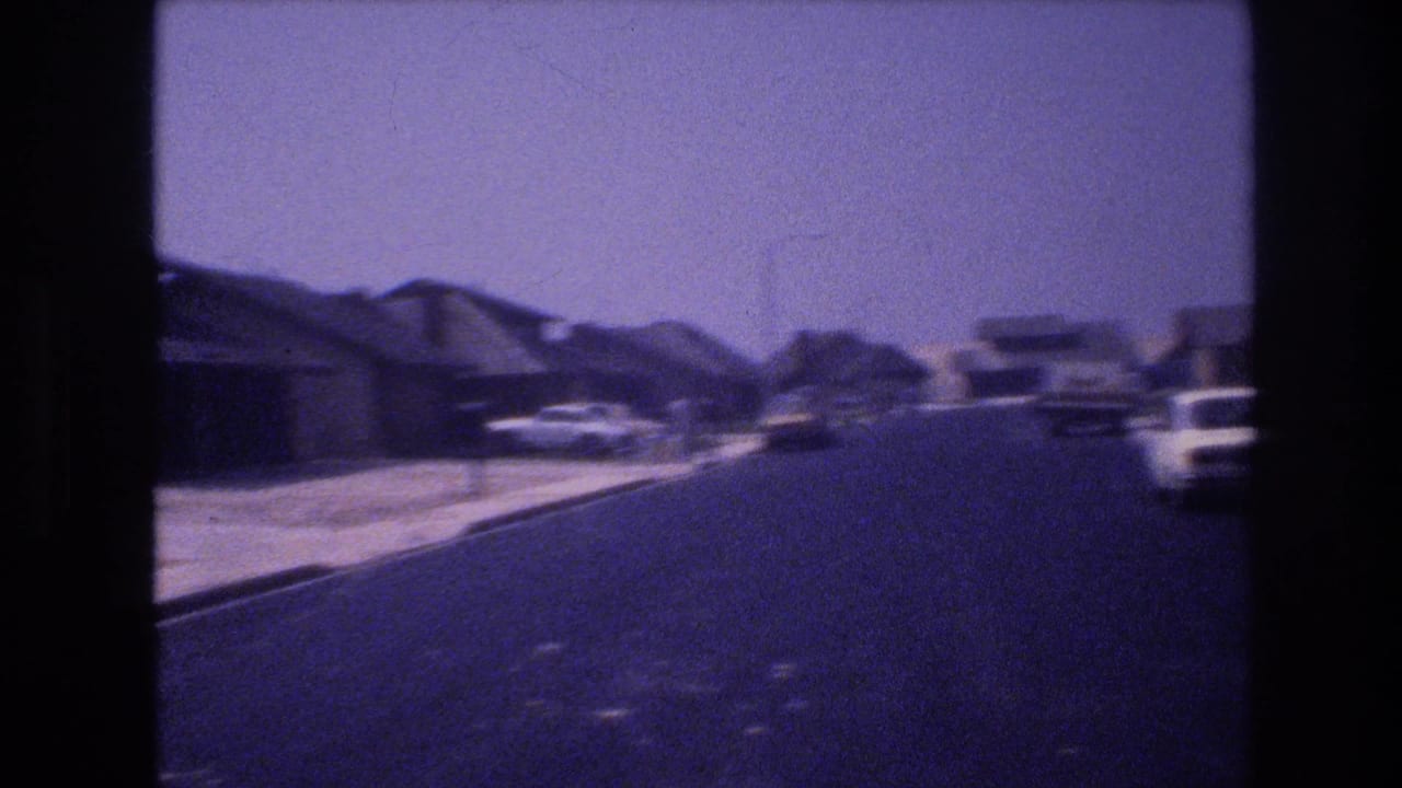 Paved residential street with single-story houses and parked cars along the curb.