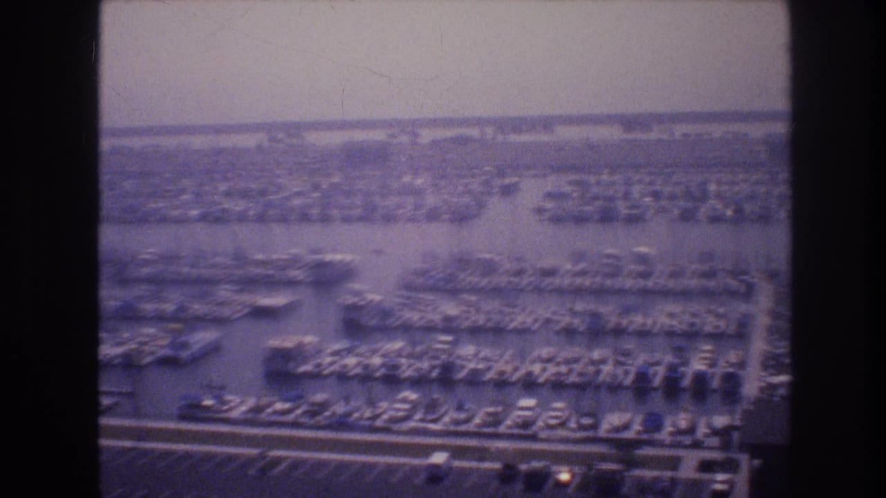 Aerial view of a large marina with many docked boats and parking lots.