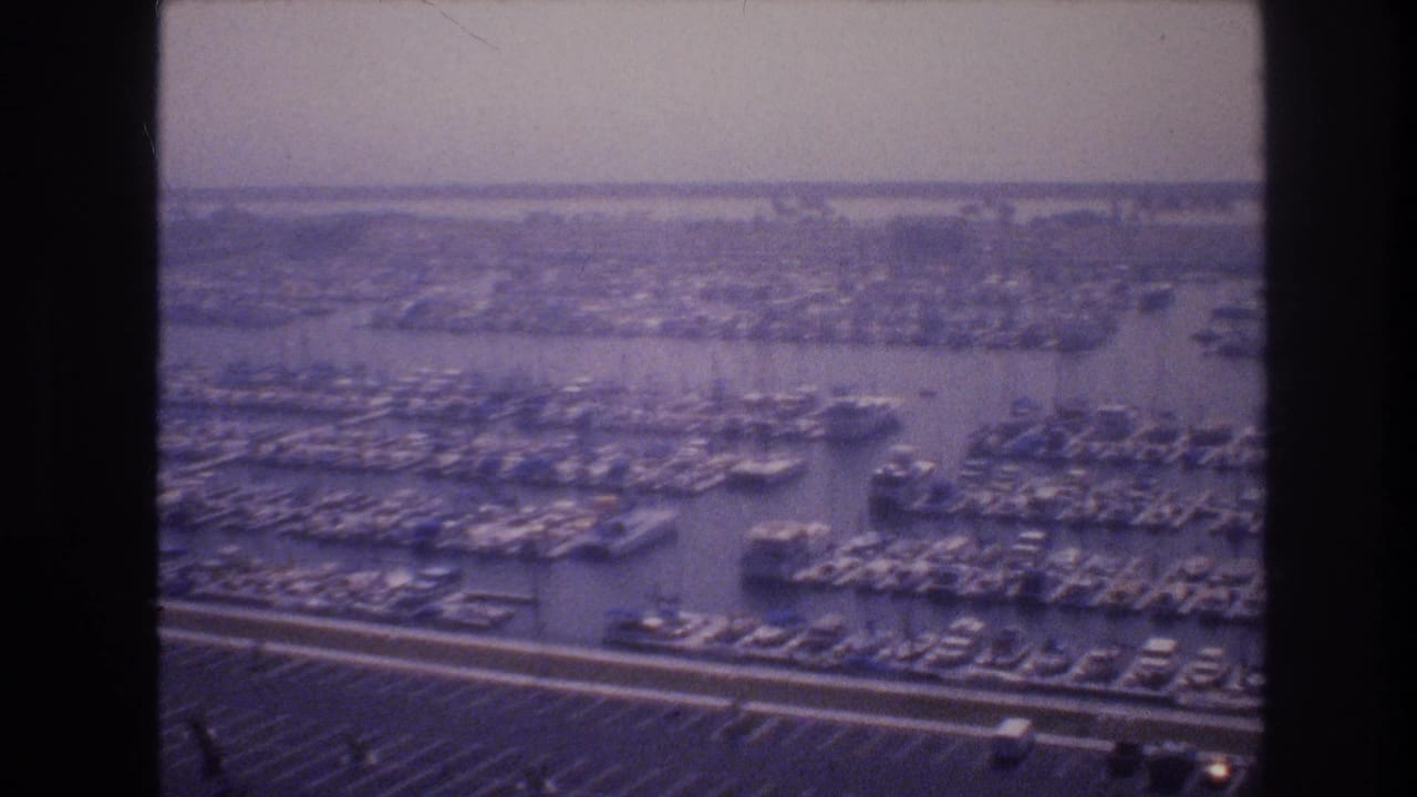 Wide aerial marina view with rows of boats and water channels.