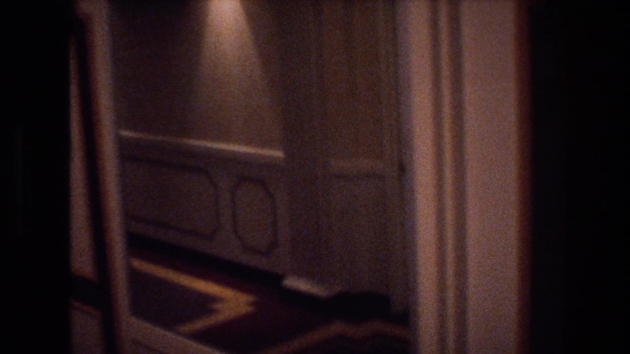 Dim hotel corridor wall with paneling, warm light, and dark doorway edge.