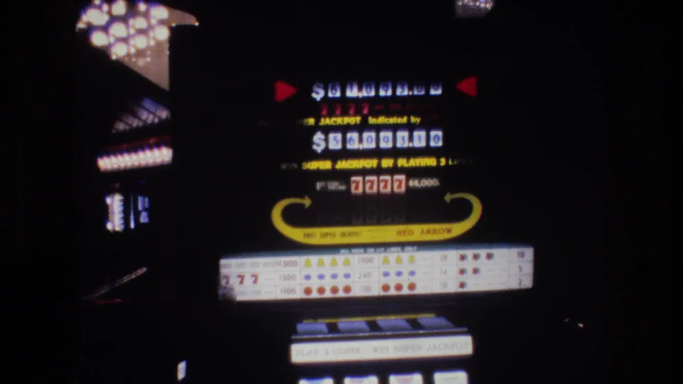 Close-up of a slot machine display in a Las Vegas casino, circa 1977, with a lit Super Jackpot readout and 7777 combination, on 8mm film.
