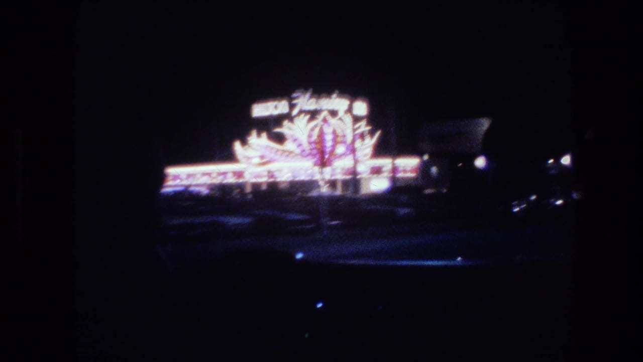 The Flamingo hotel neon sign with its flamingo bird graphic in vivid pink neon, photographed on the Las Vegas Strip at night circa 1977, with a hotel structure visible behind.