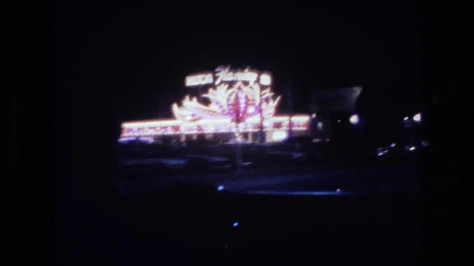 The Flamingo hotel neon sign with its flamingo bird graphic in vivid pink neon, photographed on the Las Vegas Strip at night circa 1977, with a hotel structure visible behind.