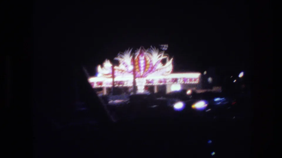 Final frame of 1977 Las Vegas night drive; neon decorative sign with fan or feather elements, car window frame visible at right, deep black night sky.