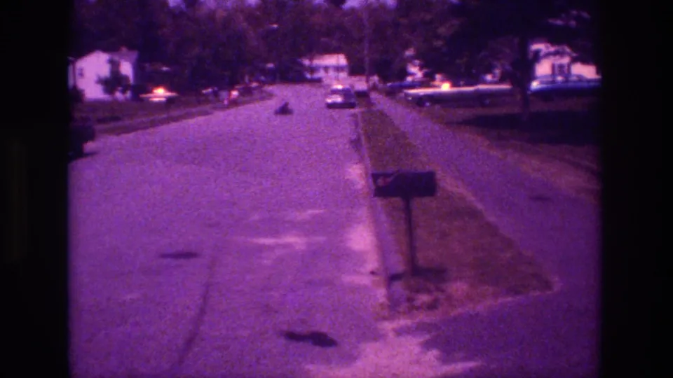 Purple-cast 8mm frame from San Diego in 1981 showing a mailbox beside a residential street and an indistinct object continuing away from camera.