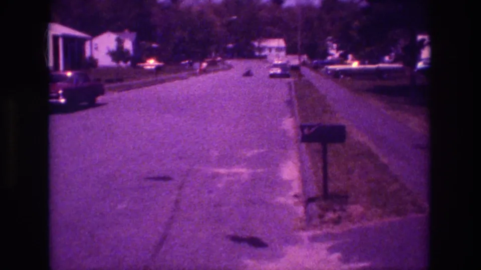 Final 1981 San Diego frame shows the same residential street, with mailbox and parked cars visible as the small object remains indistinct down the road.