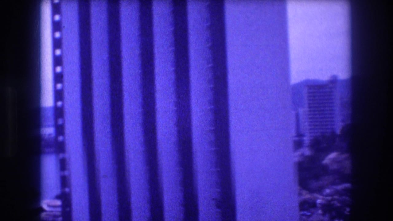 Film-strip borders dominate; partial view of a high-rise building and vegetation visible through a narrow gap, strong purple cast.