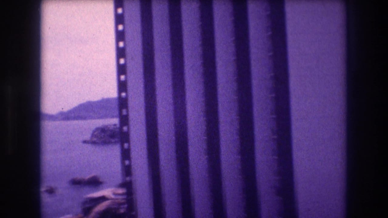 Mid-pan frame of 1982 Acapulco 8mm footage; through film-strip borders, calm ocean, distant headland, and rocky outcrops are visible.