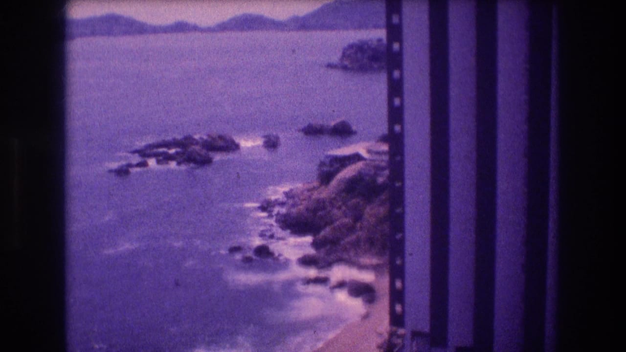 High-vantage 8mm home movie frame from Acapulco, Mexico, c. 1982, showing rocky offshore outcrops, a sandy beach, a distant headland, and purple dye-shifted film.