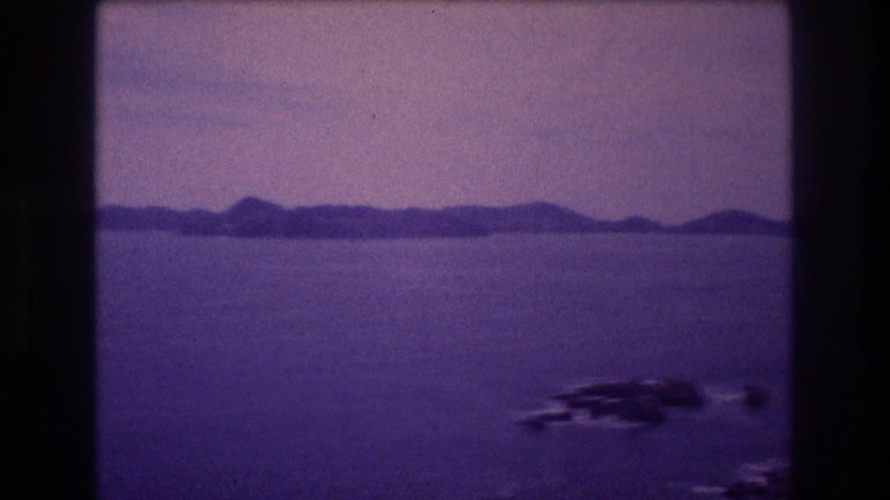 Wide bay view with calm water, distant hilly headlands, and rocky outcroppings on purple-shifted 8mm film.